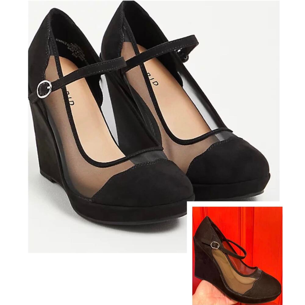Torrid‎ 10.5WW 10.5 Wide Sexy Black Platform Faux Suede & Mesh 4.5" Wedge Heels